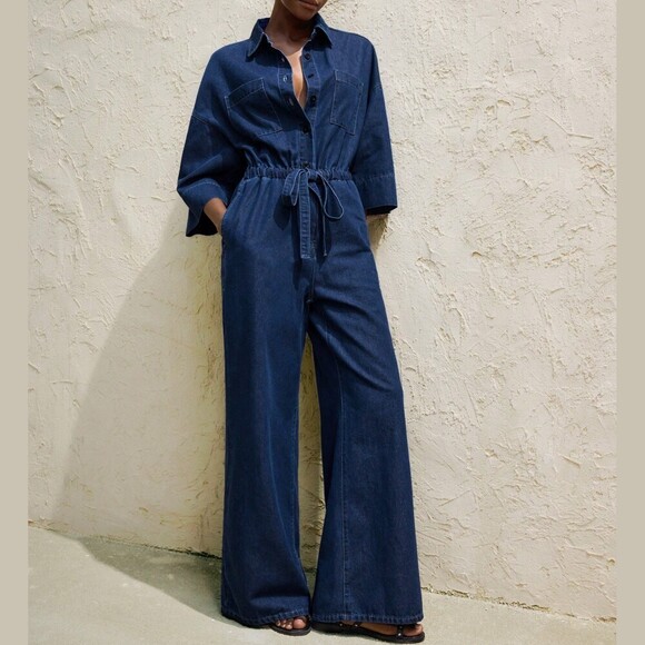 Pants - Navy Denim Jumpsuit with Drawstring Waist